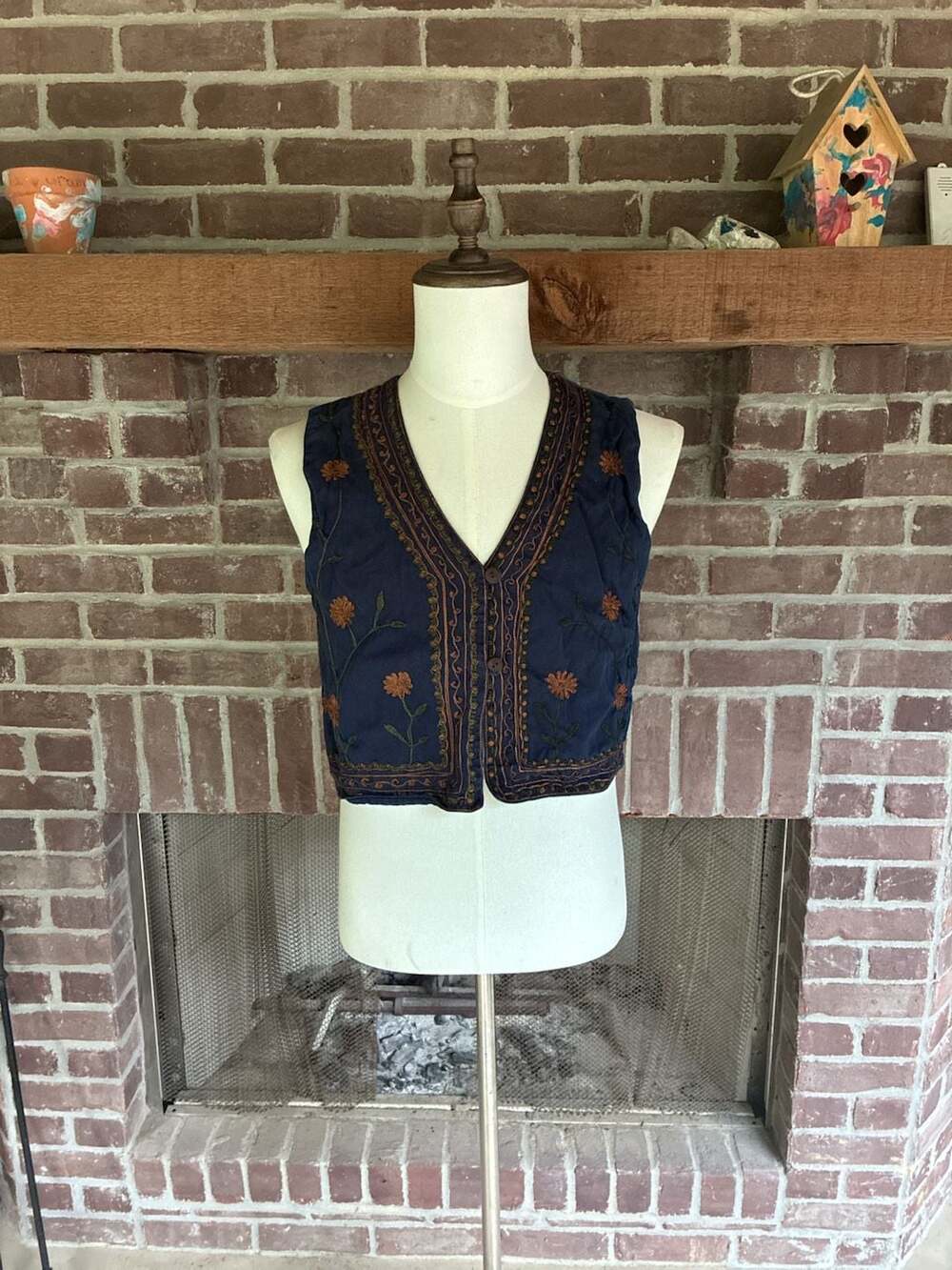 Vintage PASTA Blue Cotton Embroidered Floral Vest Size Medium